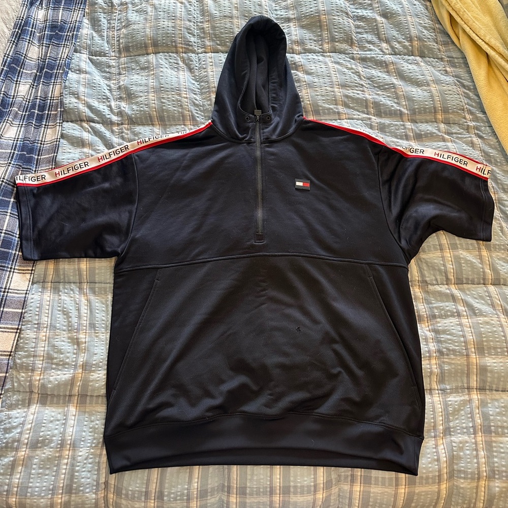 Tommy Hilfiger Black Hooded Short-Sleeve Sweatshirt with Red & White Trim